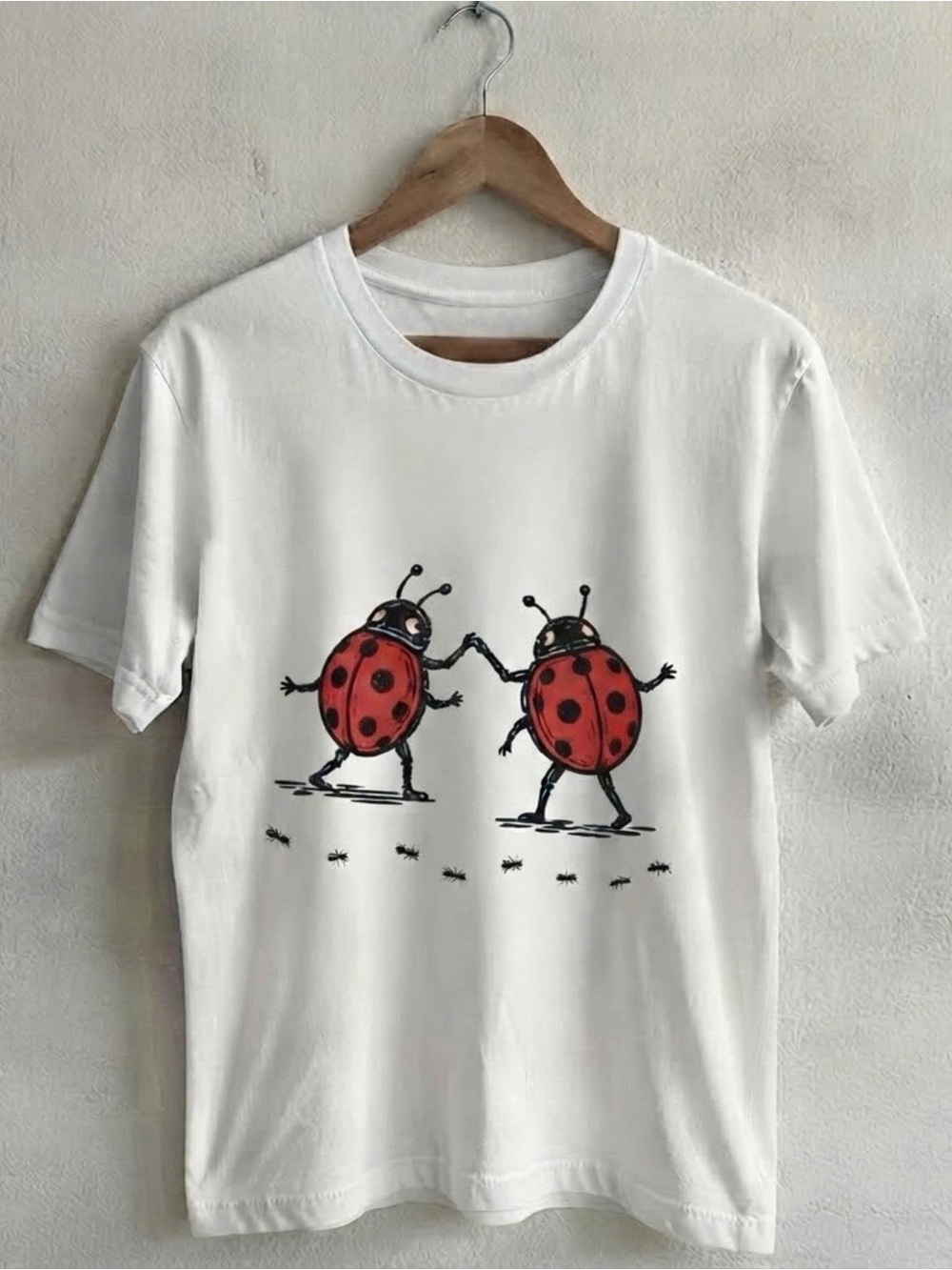 White T-Shirt with Red Ladybug Duo Graphic Tee Shirt